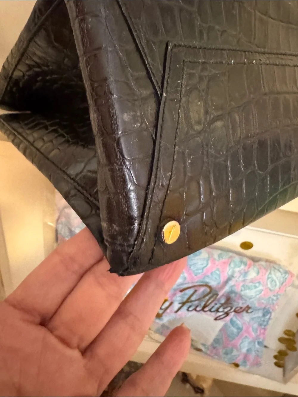 Salvatore Ferragamo Black Croc-Embossed Leather Bag with Gold Hardware